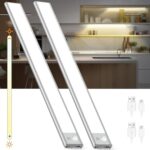 Ufanore Under Cabinet Light 2 Pack, 140 LED Wireless Rechargeable Motion Sensor Closet Light Bar with Large Capacity Battery, 3 Colors Dimmable Strip Night Light for Kitchen Wardrobe Cupboard(40 cm)